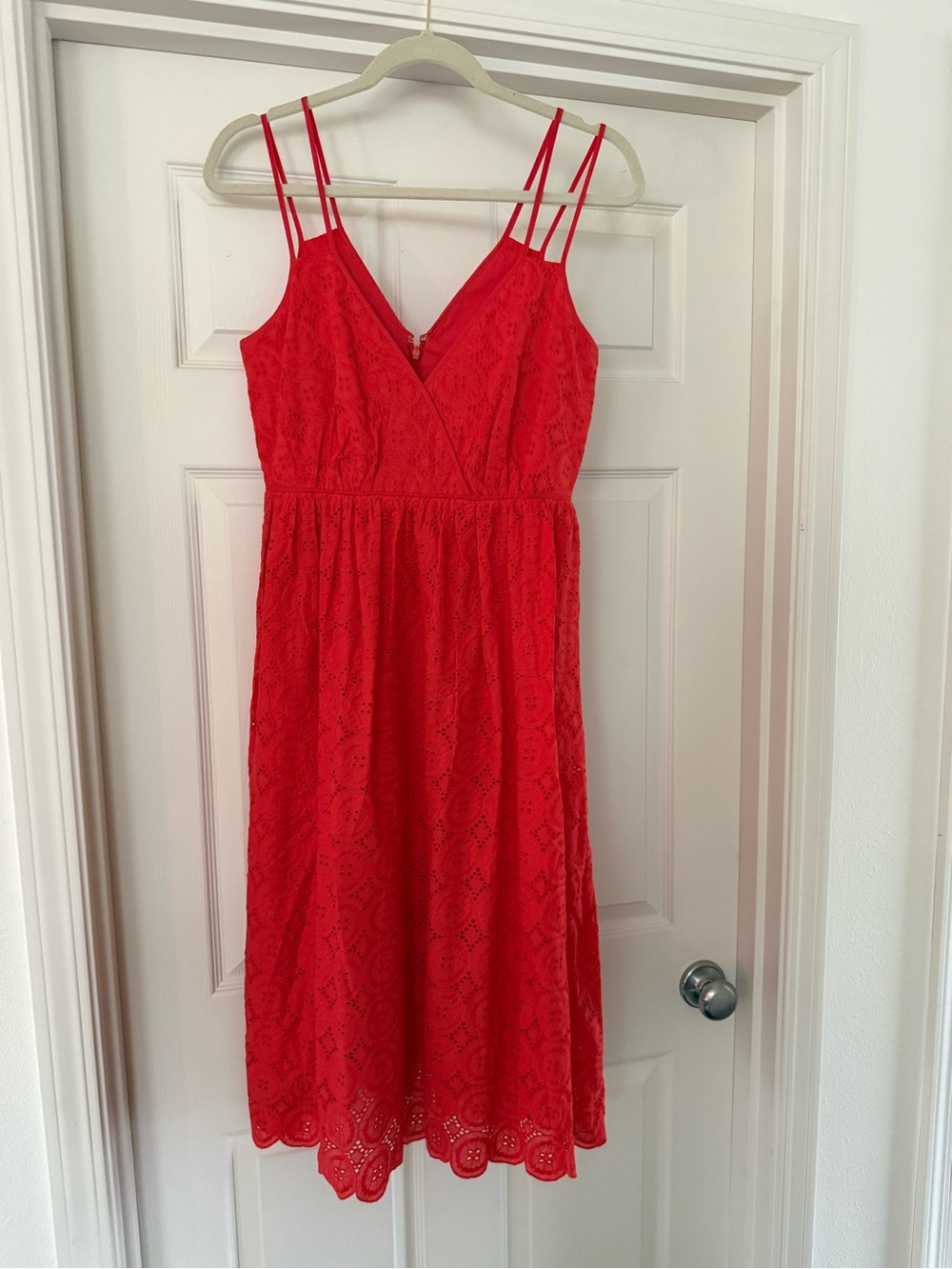 J. Crew Red Lace Midi Dress with Double Spaghetti Straps